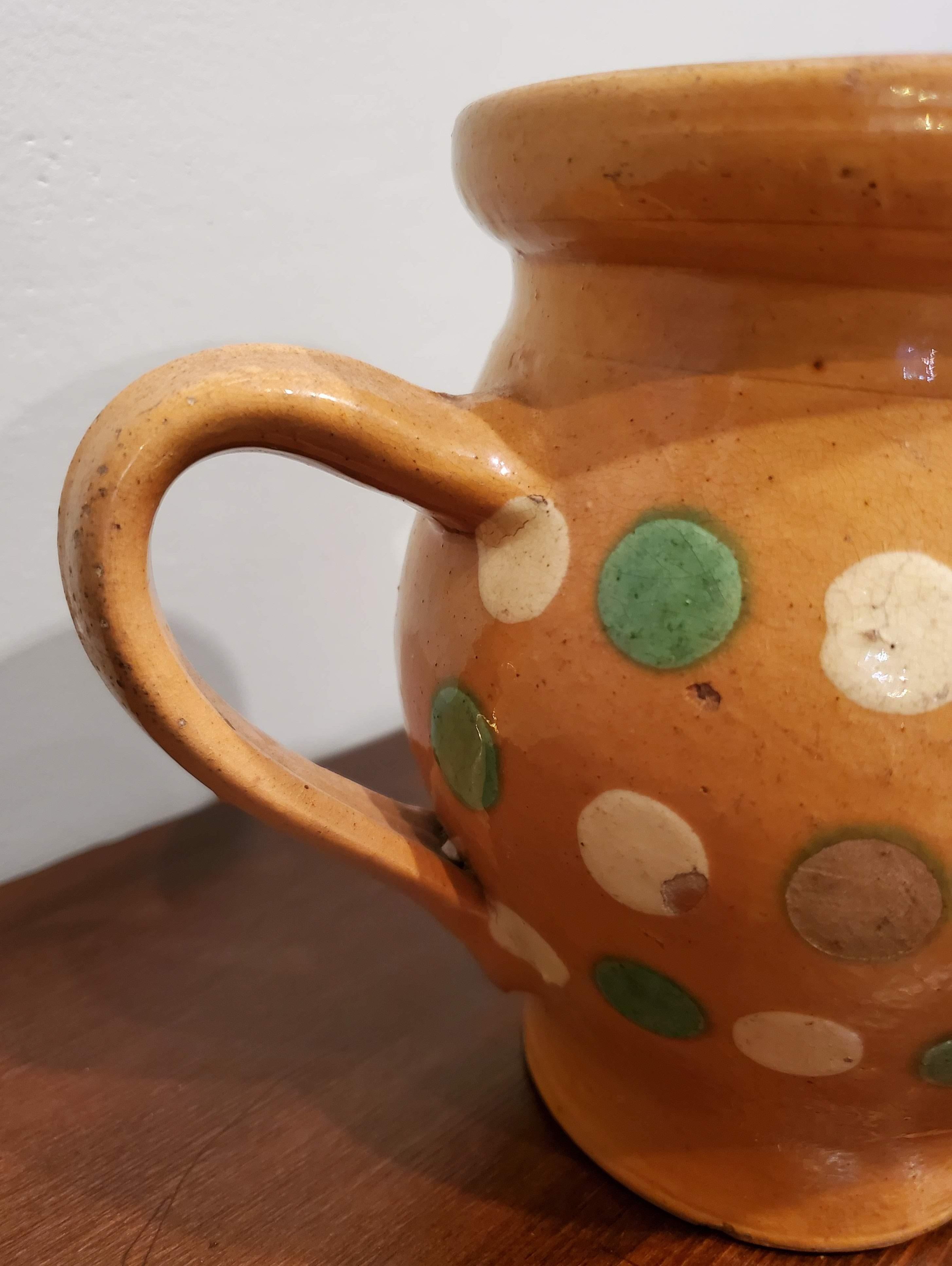 French Provincial Terracotta Milk Pitcher with Green and Cream Polka Dots 2