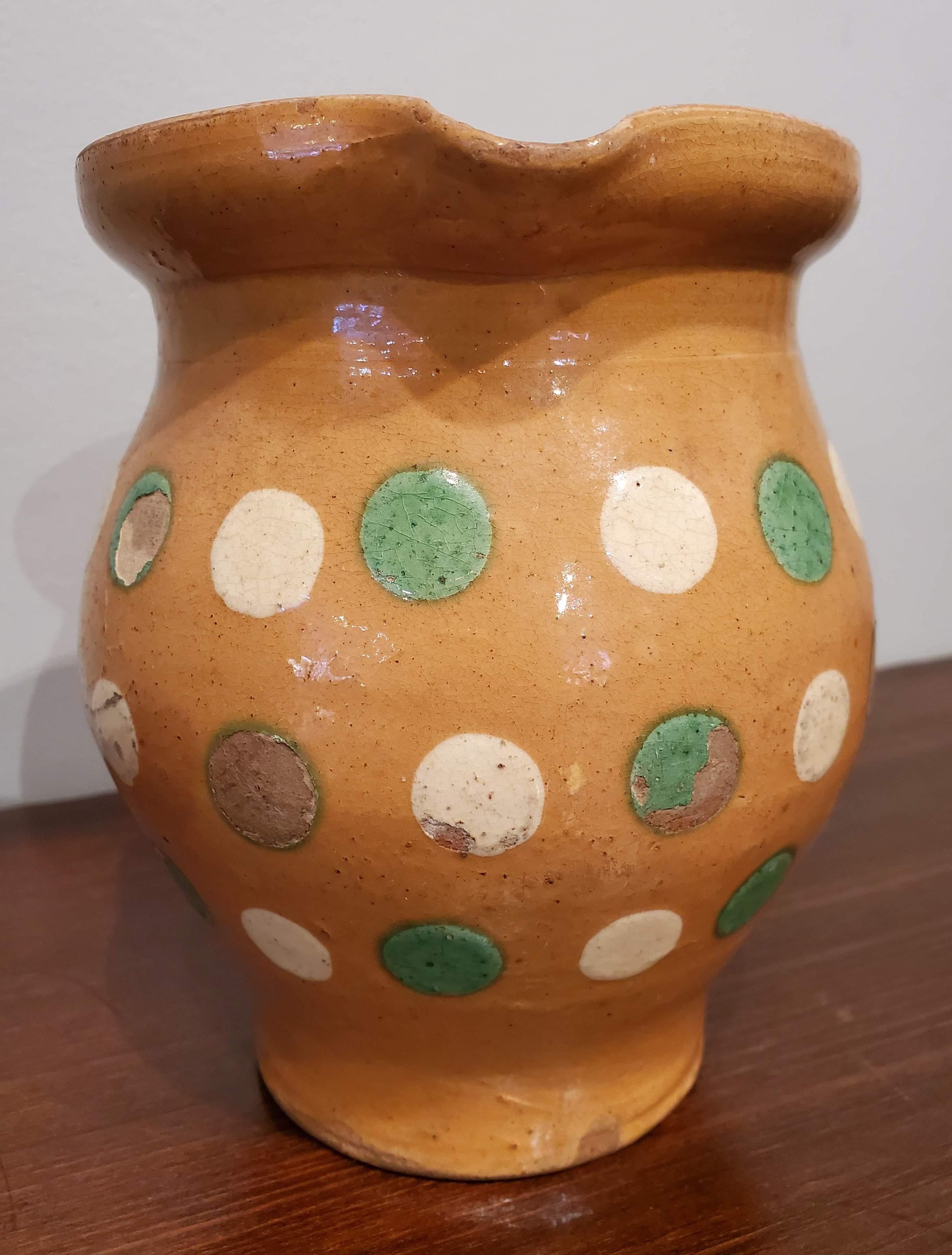 French Provincial Terracotta Milk Pitcher with Green and Cream Polka Dots 3