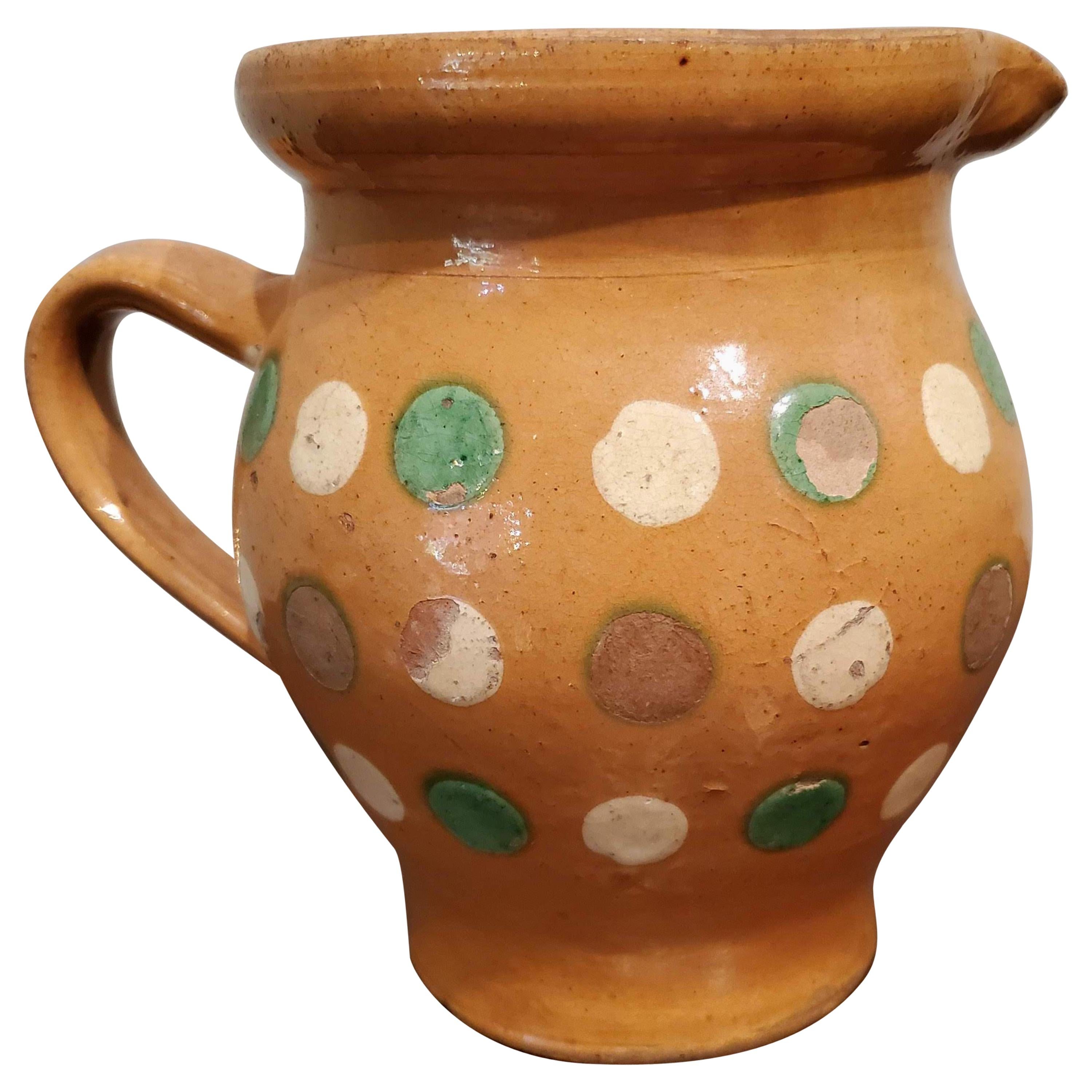 French Provincial Terracotta Milk Pitcher with Green and Cream Polka Dots