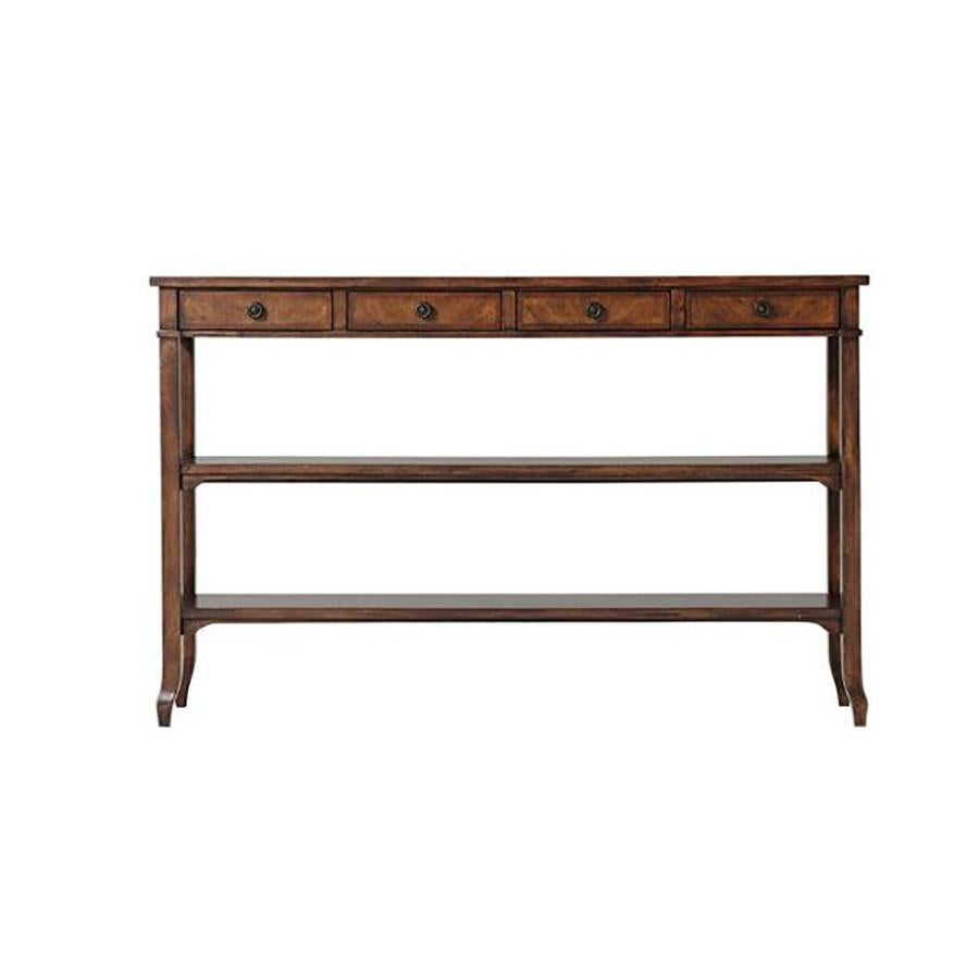 A cerejeira veneered and mahogany console table, the rectangular crossbanded top above four frieze drawers, on gently splayed legs joined by two undertiers. Inspired by a French Provincial original.

Measures: 34“ H, 54“ W, 12.5“ D.