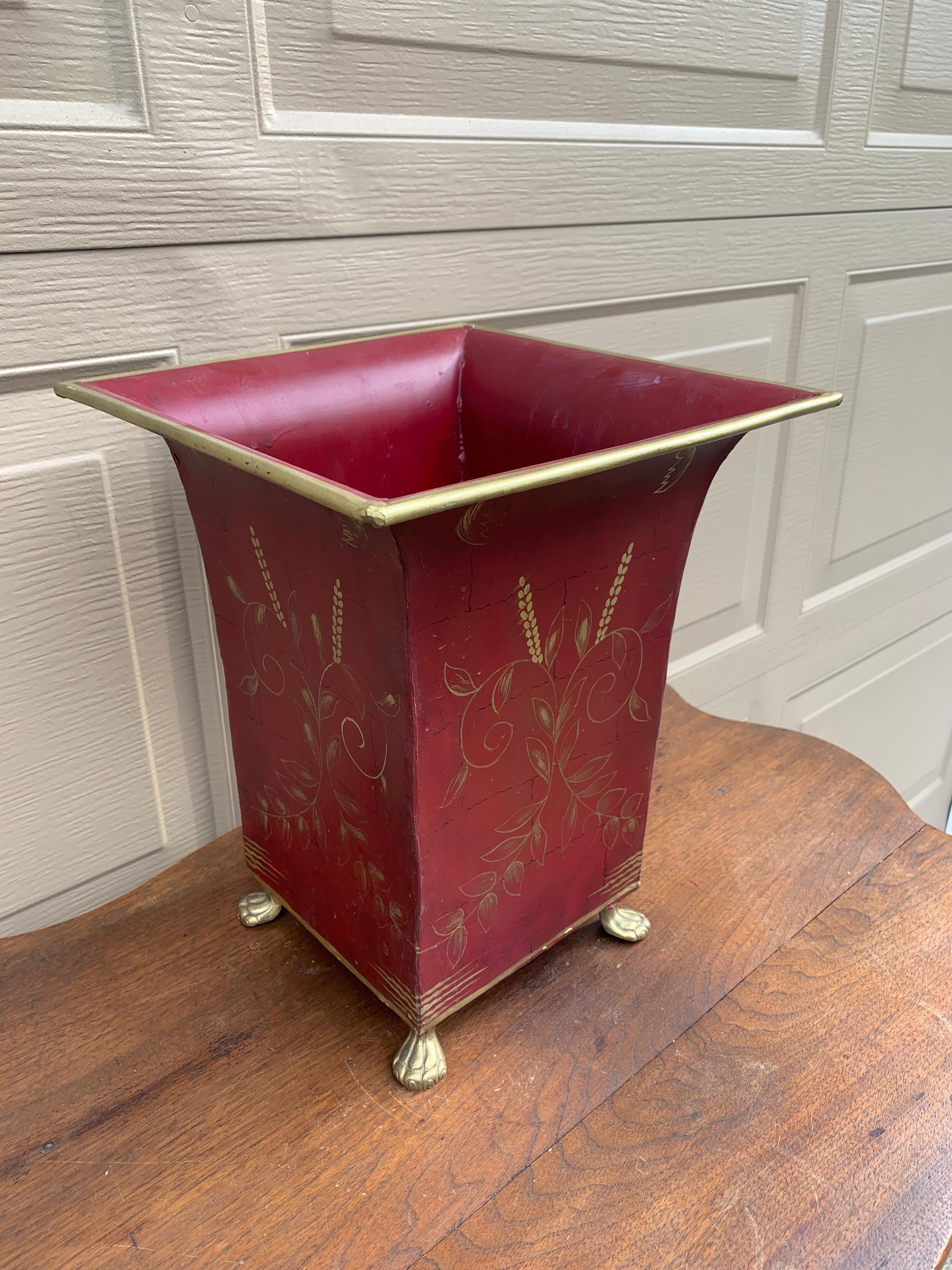 20th Century French Provincial Tole Burgundy & Gold Wastepaper Basket with Paw Feet For Sale