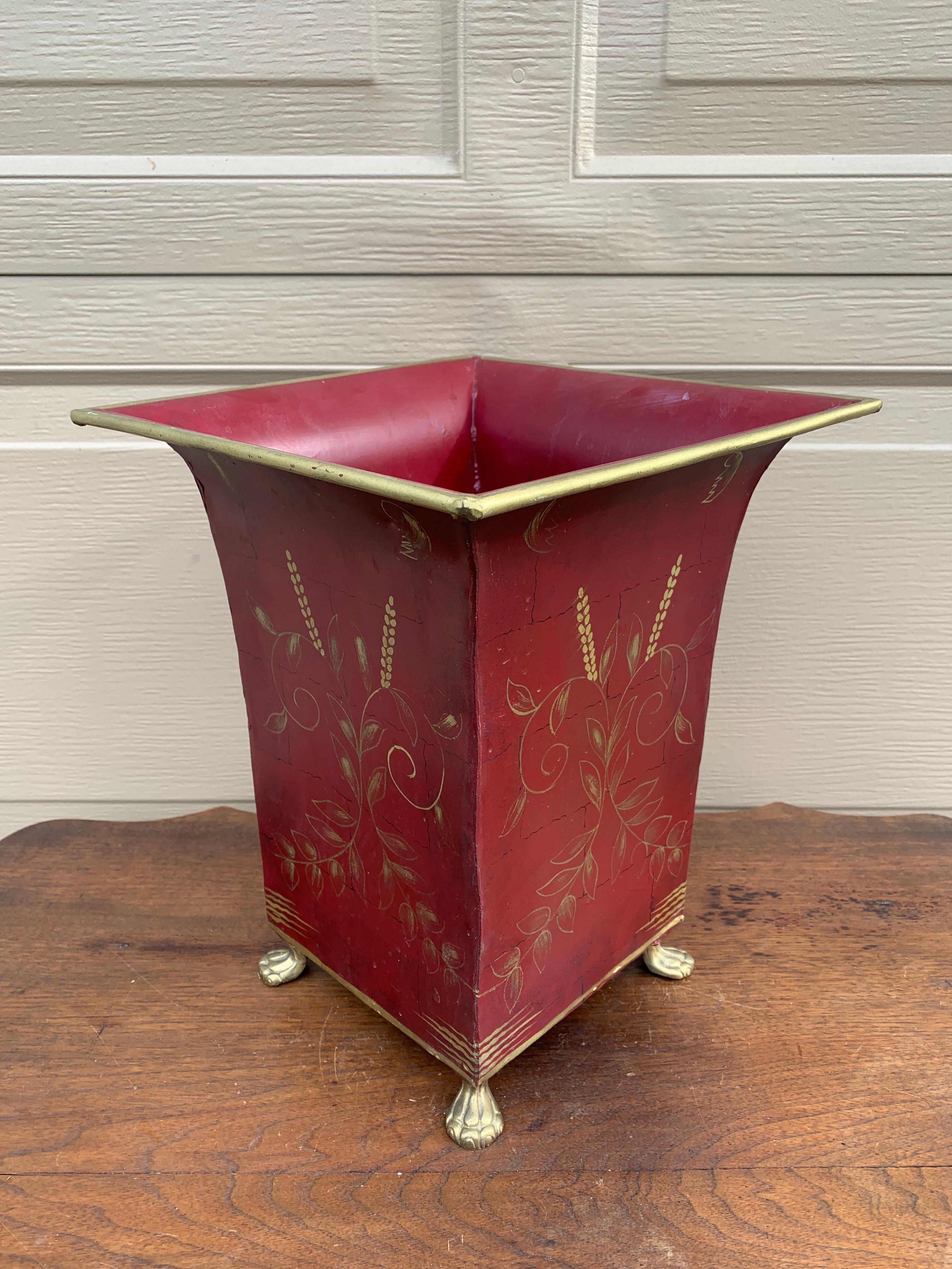 Metal French Provincial Tole Burgundy & Gold Wastepaper Basket with Paw Feet For Sale