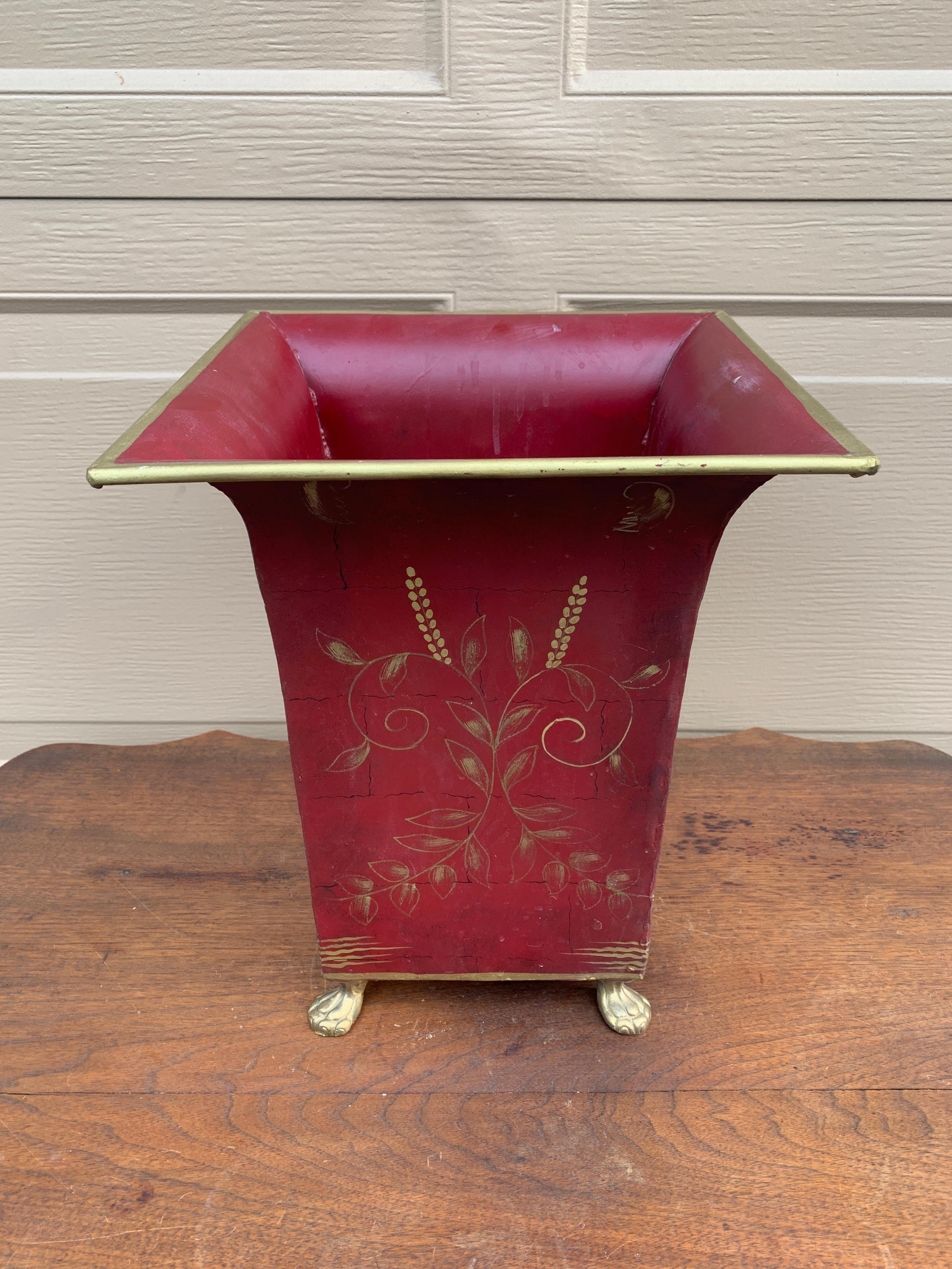 French Provincial Tole Burgundy & Gold Wastepaper Basket with Paw Feet For Sale 1