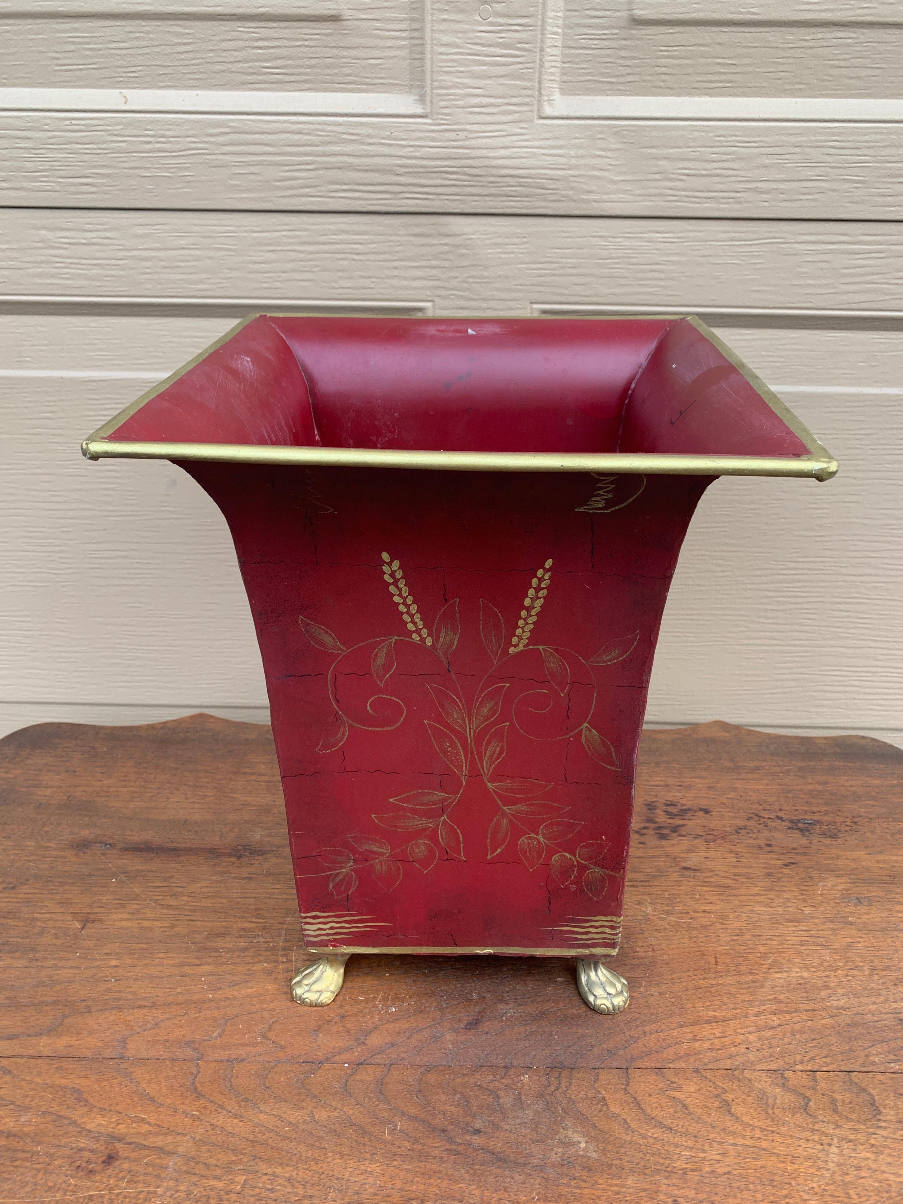 French Provincial Tole Burgundy & Gold Wastepaper Basket with Paw Feet For Sale 2