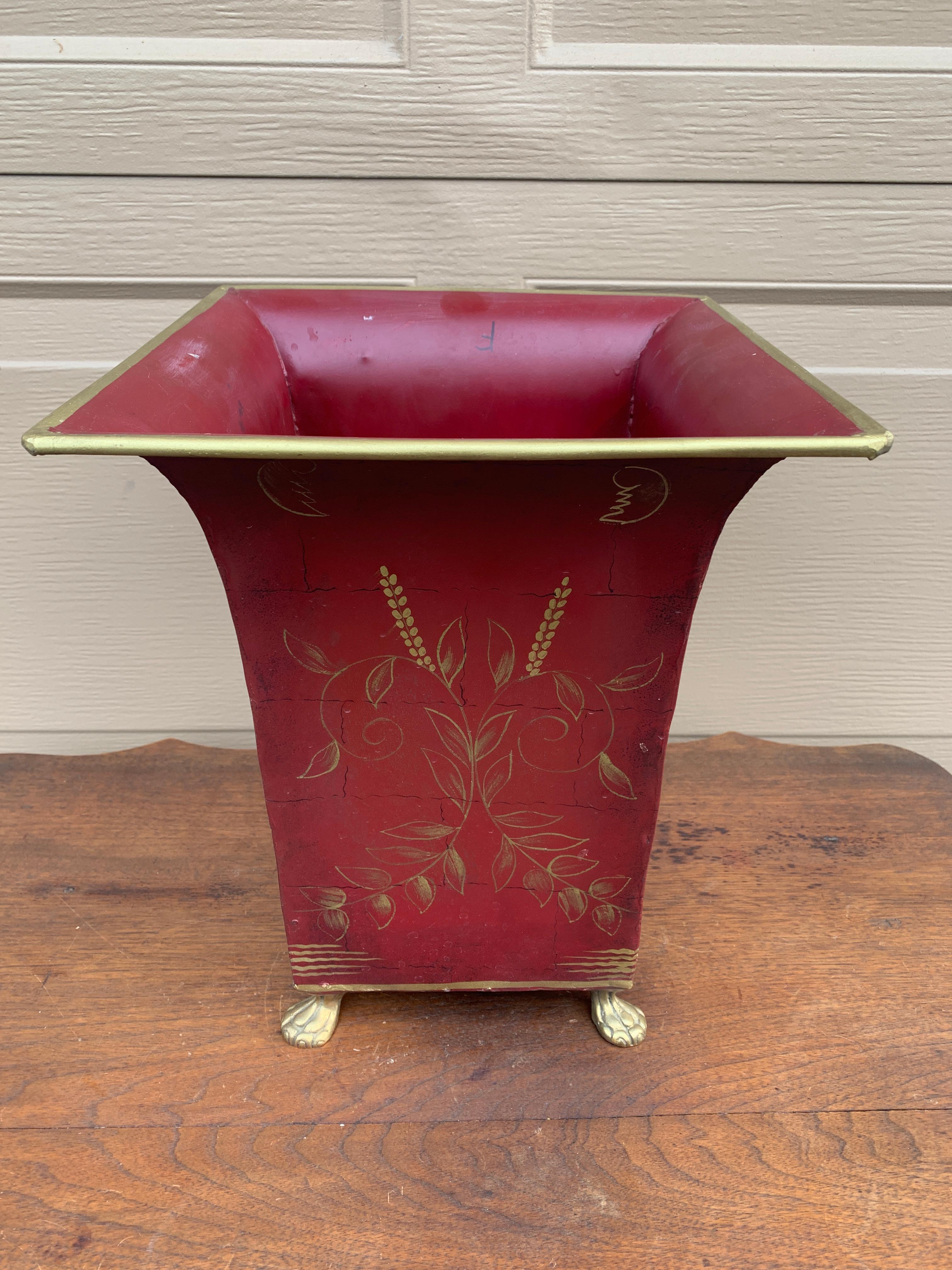 French Provincial Tole Burgundy & Gold Wastepaper Basket with Paw Feet For Sale 3