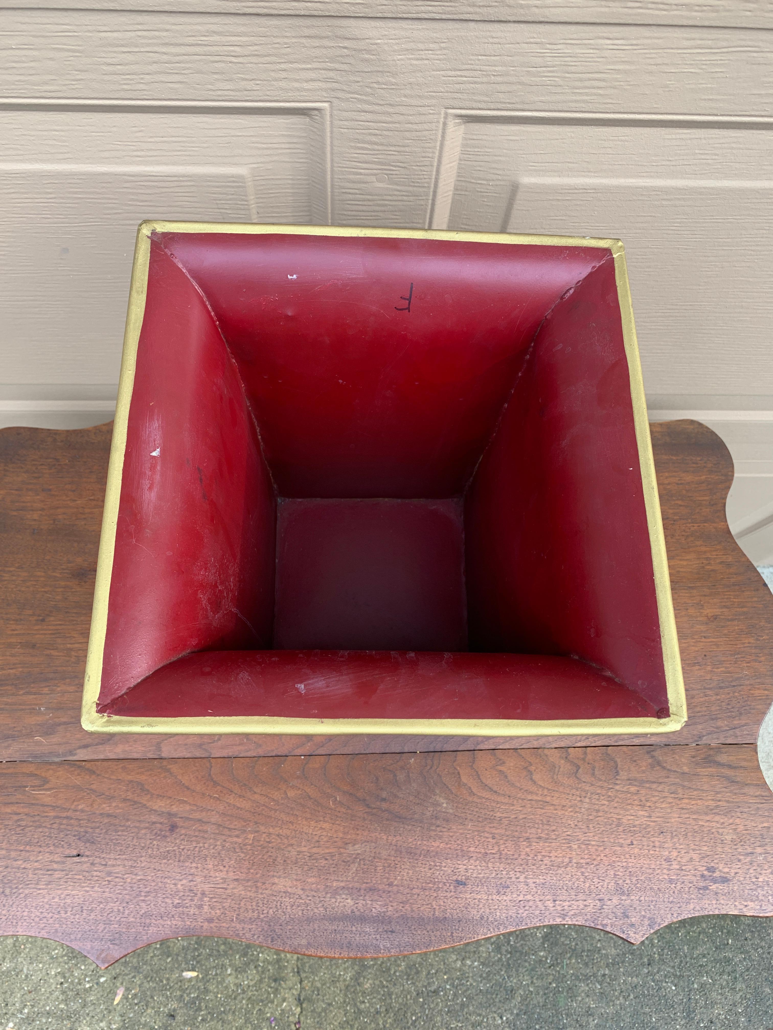 French Provincial Tole Burgundy & Gold Wastepaper Basket with Paw Feet For Sale 4