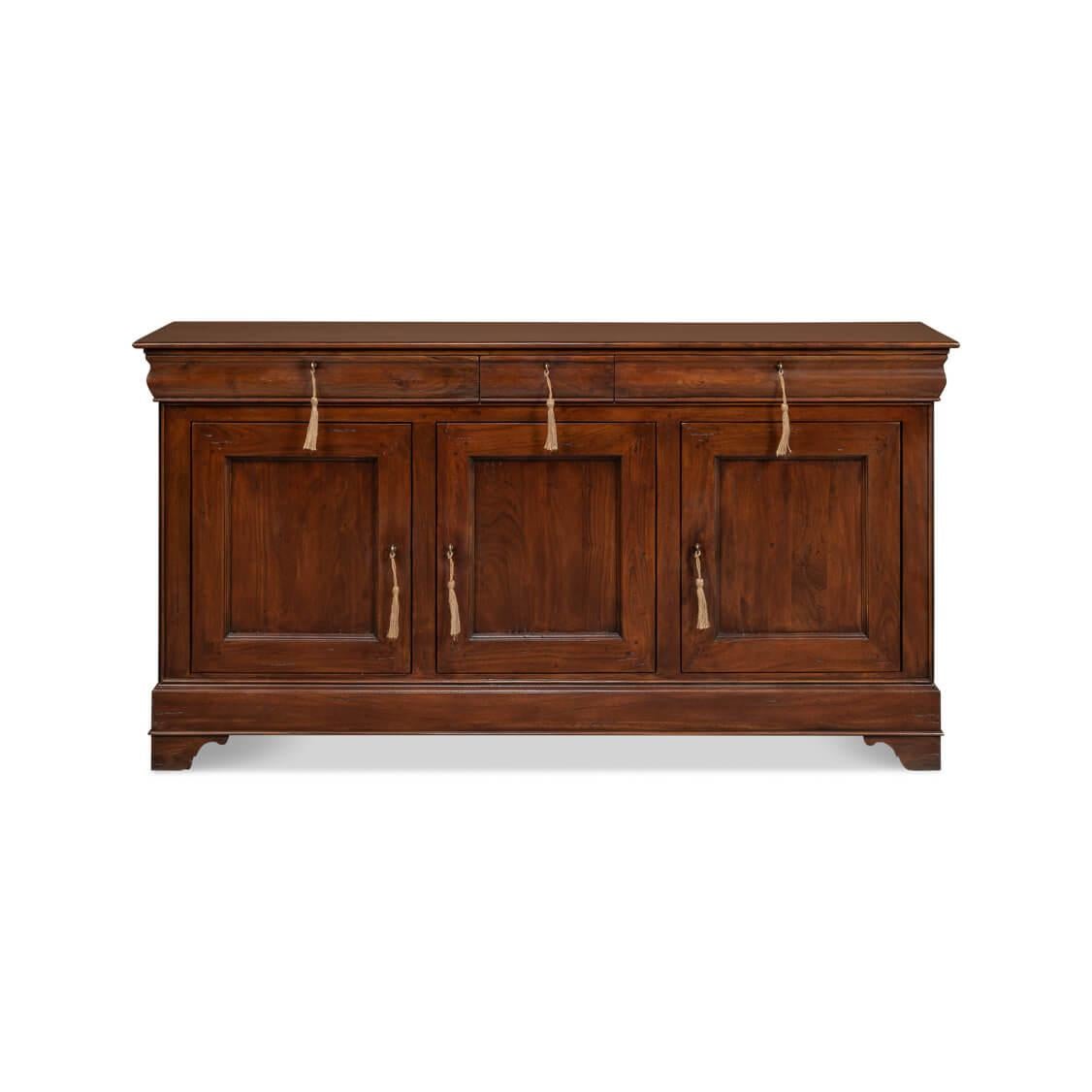 This sideboard is expertly crafted from solid walnut, known for its durability and rich grain, and is finished in a warm brown that highlights its natural beauty. Measuring 70 inches in width, 18 inches in depth, and 36 inches in height, it offers