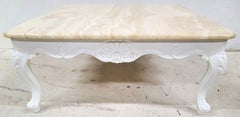 French Provincial Travertine Marble & Wood Cocktail Coffee Table