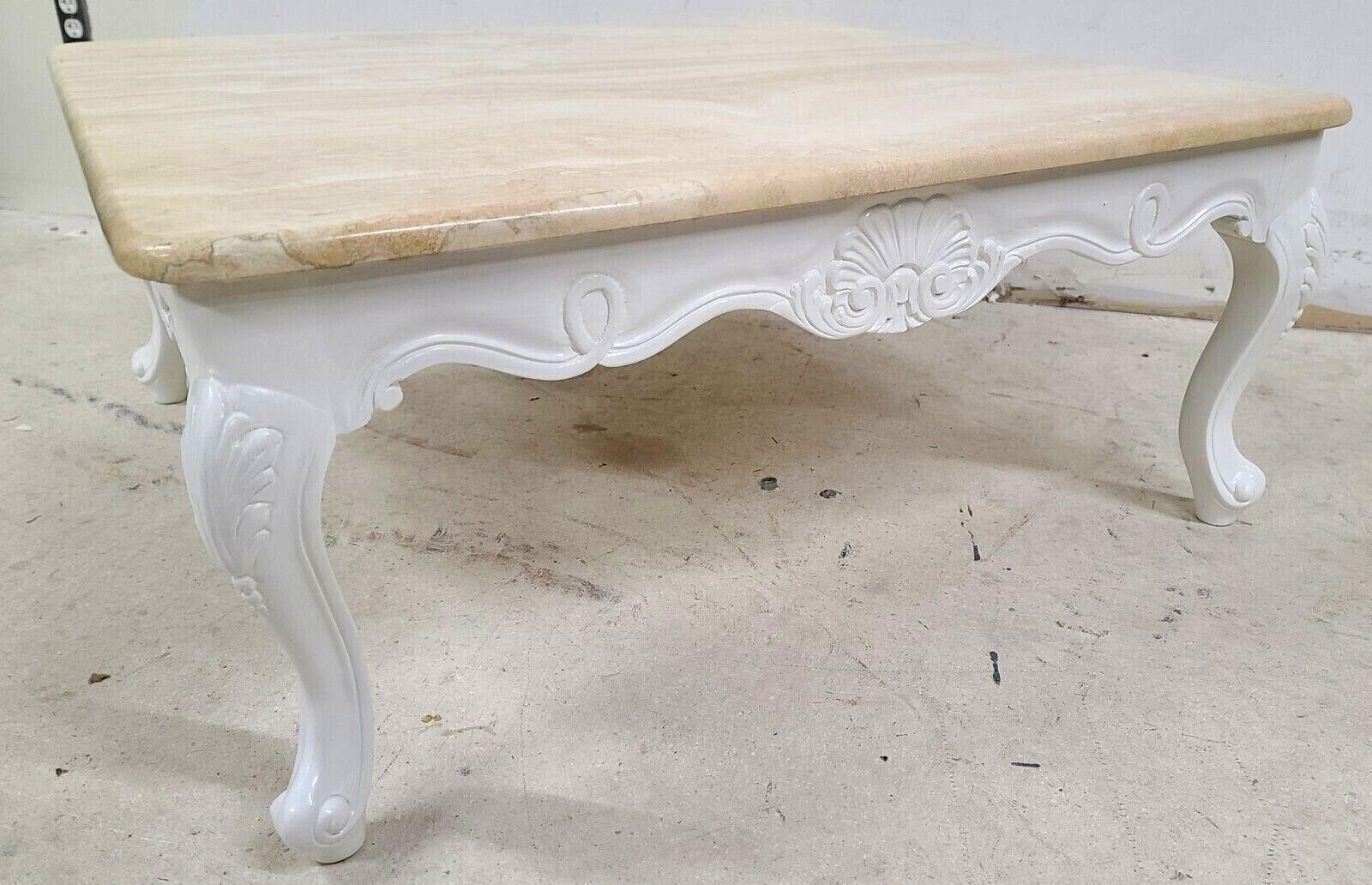 Carved French Provincial Travertine Marble & Wood Cocktail Coffee Table For Sale