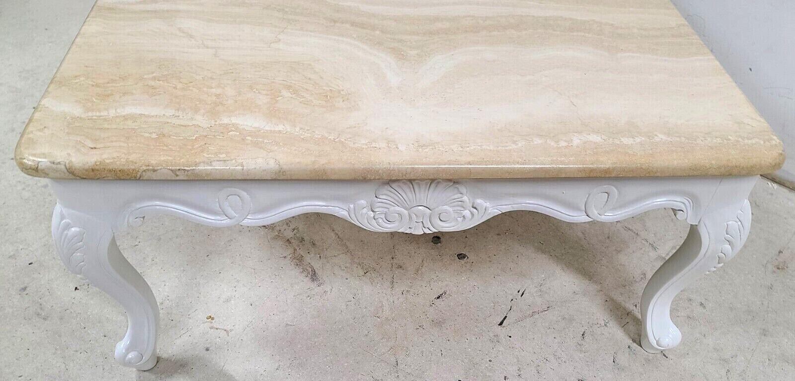 French Provincial Travertine Marble & Wood Cocktail Coffee Table For Sale 1