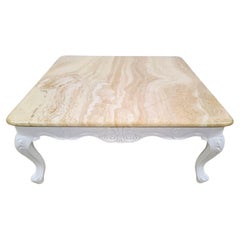 French Provincial Travertine Marble & Wood Cocktail Coffee Table