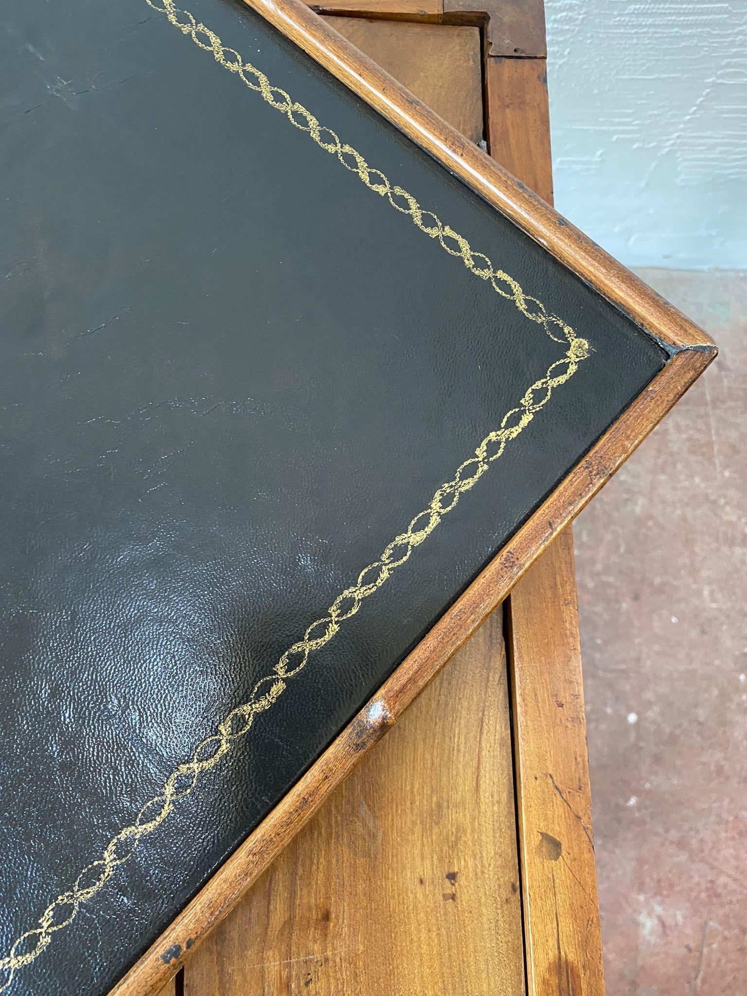 A 19th Century Fruitwood inlaid writing desk / console with Tric Trac games table within. The detachable top with baize for cards, and leather surface to the reverse. The playing surface is a wonderful inlay in vibrant green and cream banding and