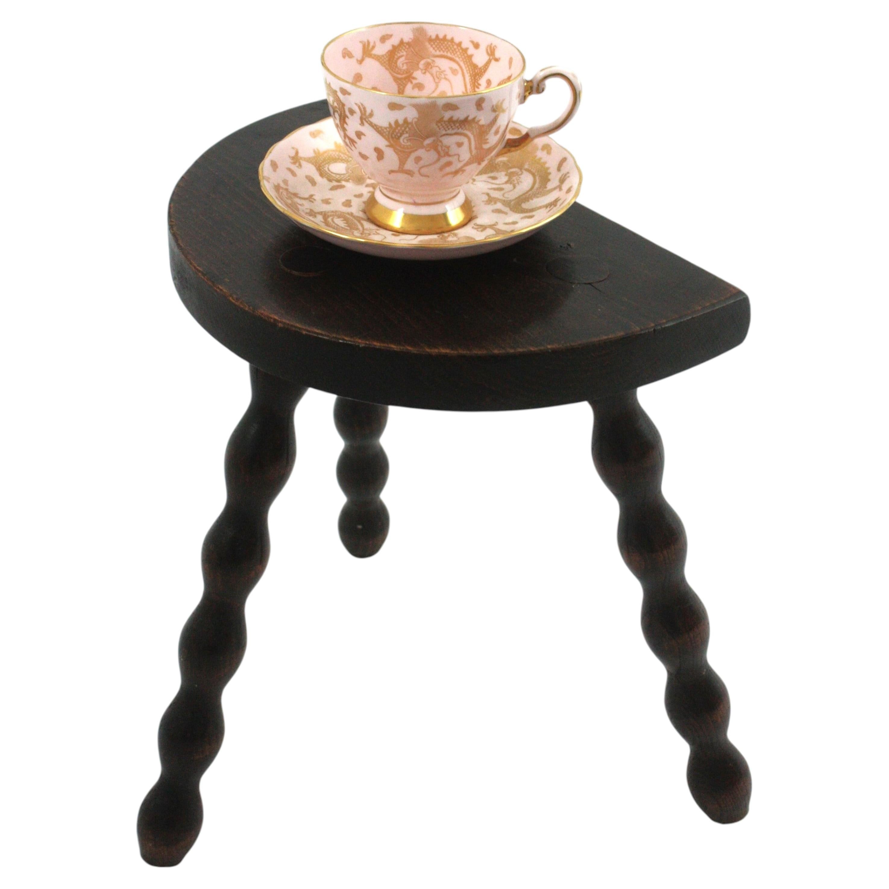 French Provincial Tripod Stool / Side Table with Turned Bobbin Legs, 1940s For Sale