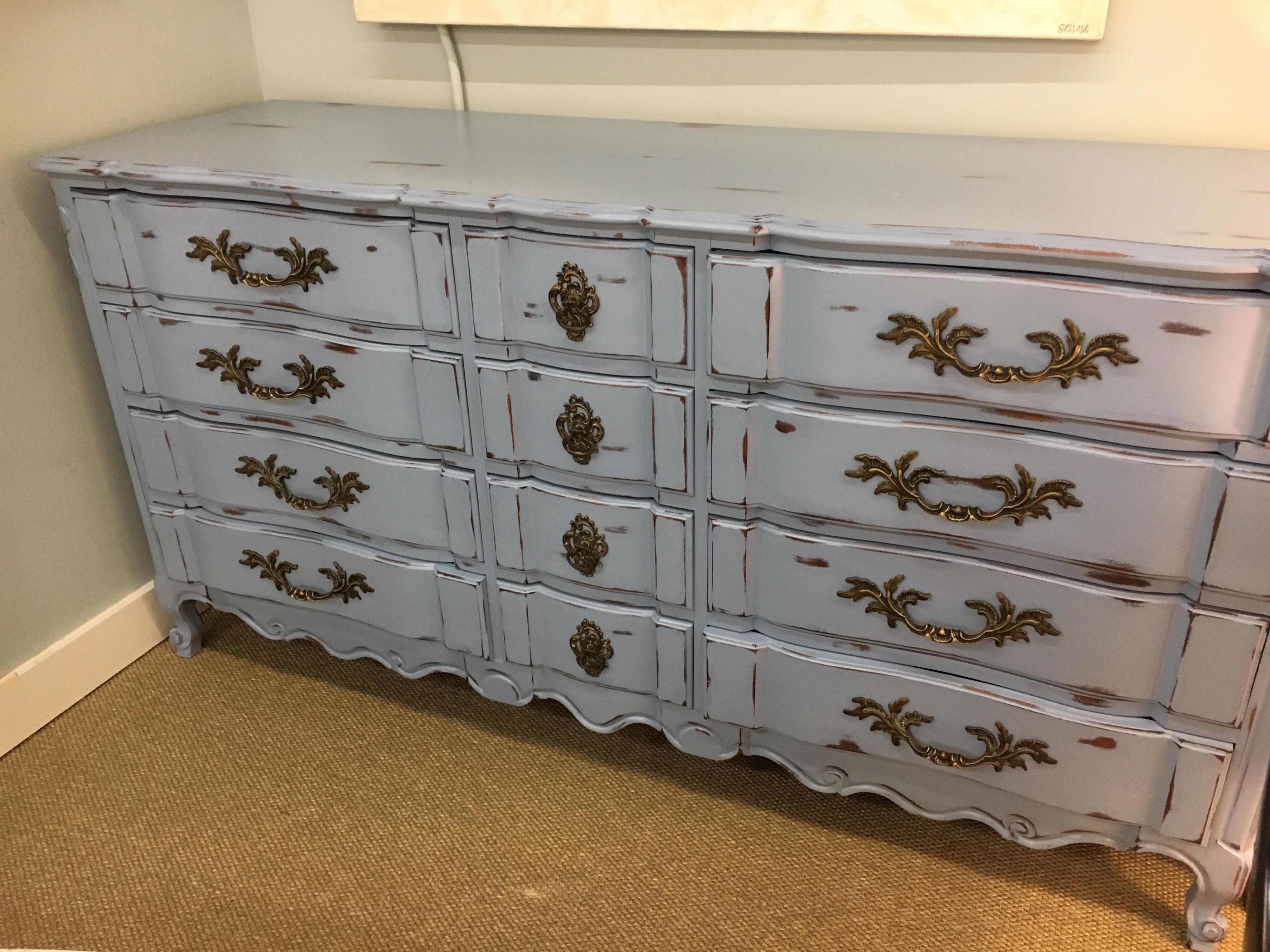 American French Provincial Twelve-Drawer Chest of Drawers Dresser Fully Refurbished Blue