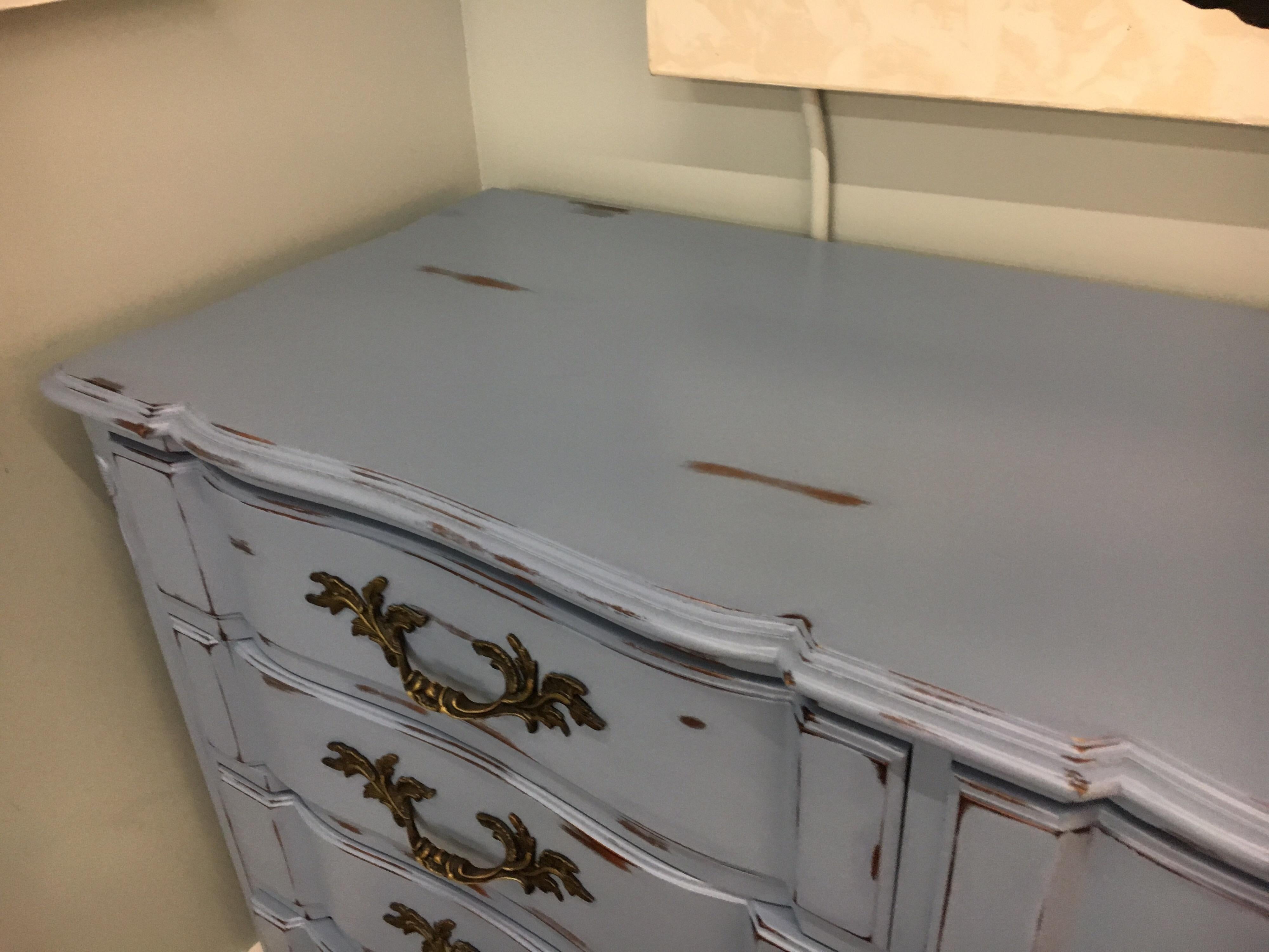 French Provincial Twelve-Drawer Chest of Drawers Dresser Fully Refurbished Blue In Good Condition In West Hartford, CT
