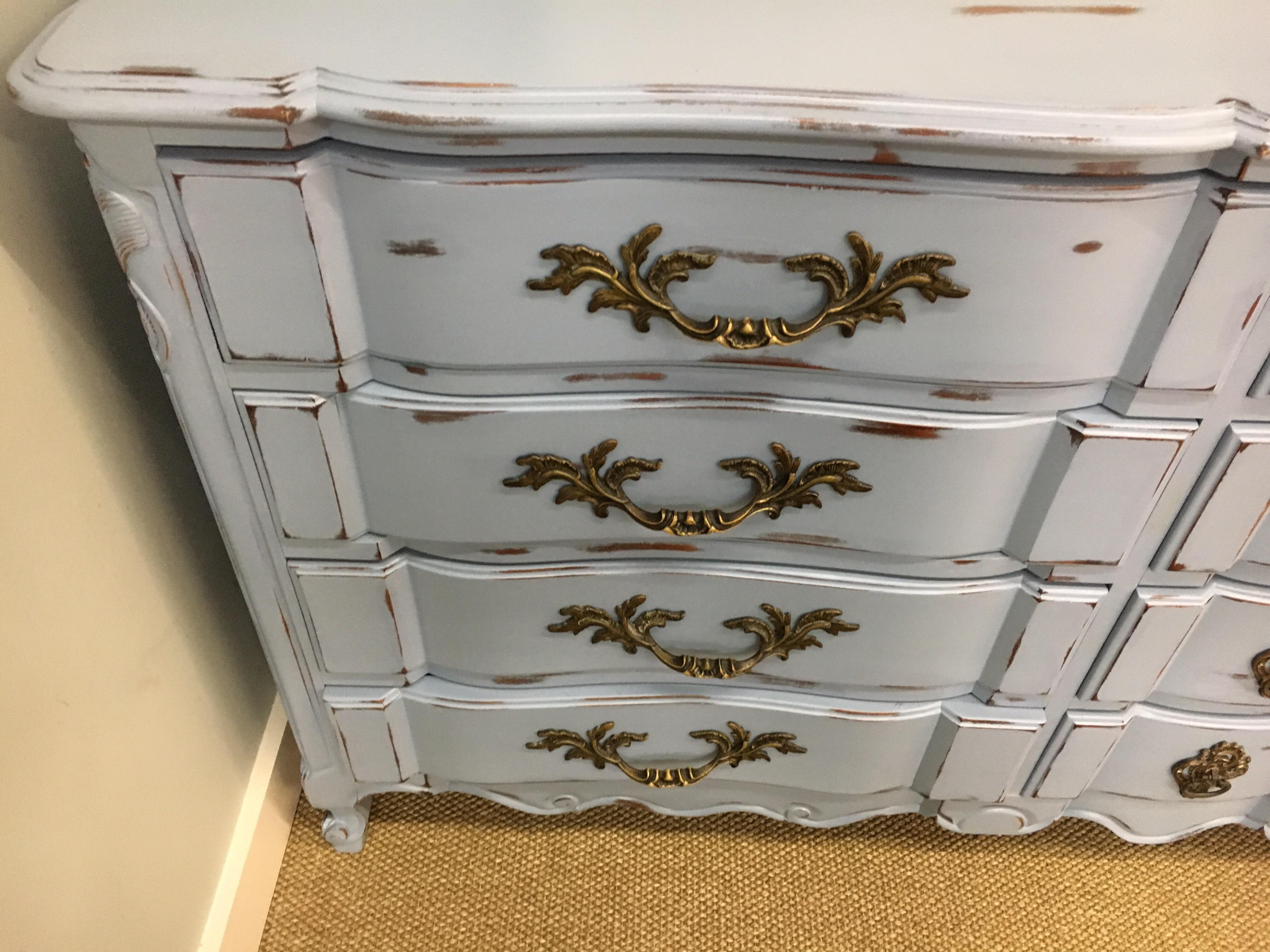 Mid-20th Century French Provincial Twelve-Drawer Chest of Drawers Dresser Fully Refurbished Blue