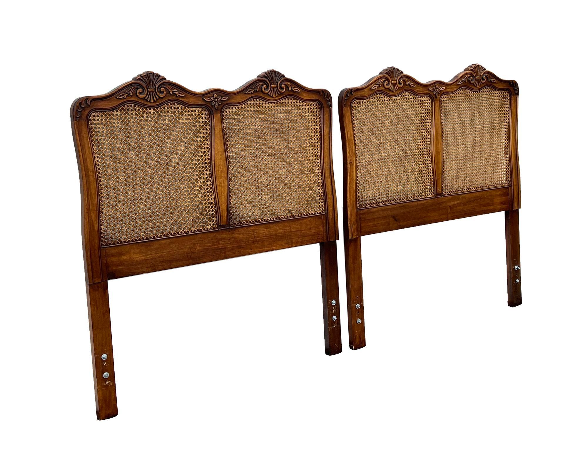 American French Provincial Twin Headboards in Walnut and Caning attr. Henredon, pair For Sale