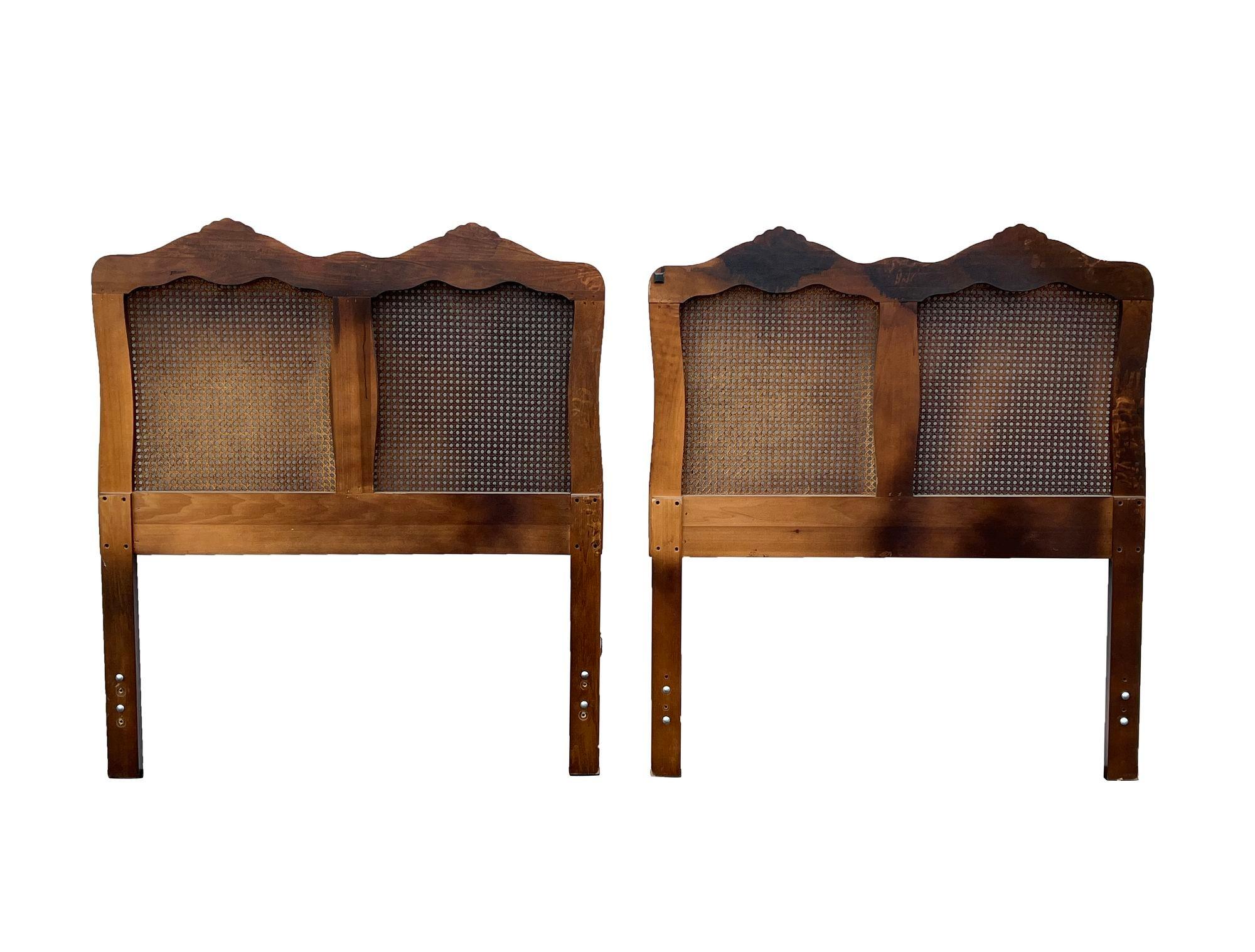 Late 20th Century French Provincial Twin Headboards in Walnut and Caning attr. Henredon, pair For Sale