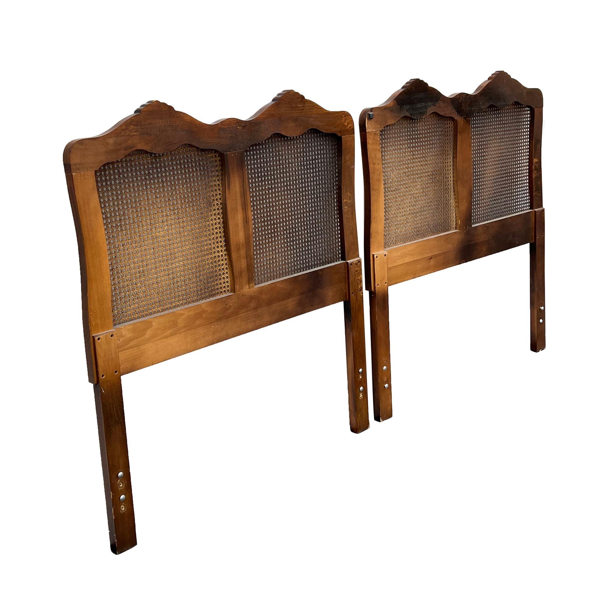 Cane French Provincial Twin Headboards in Walnut and Caning attr. Henredon, pair For Sale