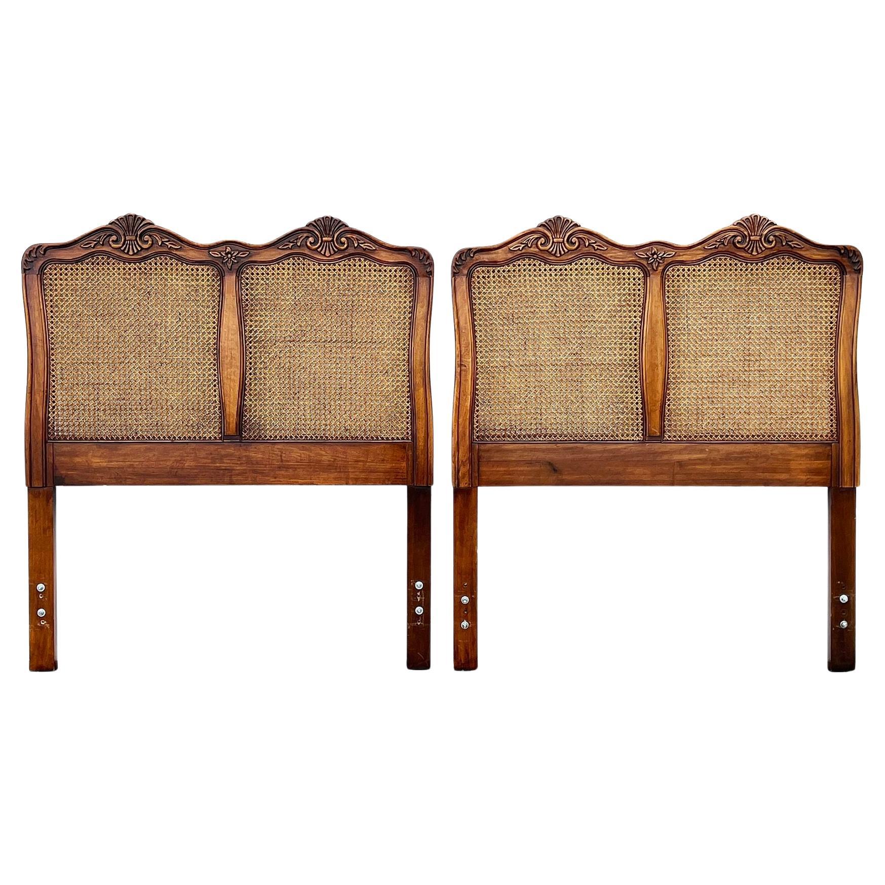 French Provincial Twin Headboards in Walnut and Caning attr. Henredon, pair