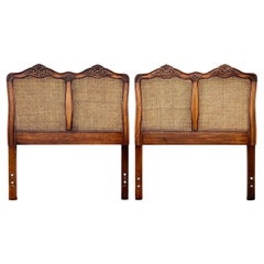 Retro French Provincial Twin Headboards in Walnut and Caning attr. Henredon, pair