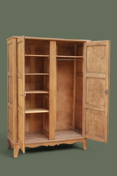 French Provincial Two-Door Armoire, Bleached Oak, Paneled Doors, 1940s