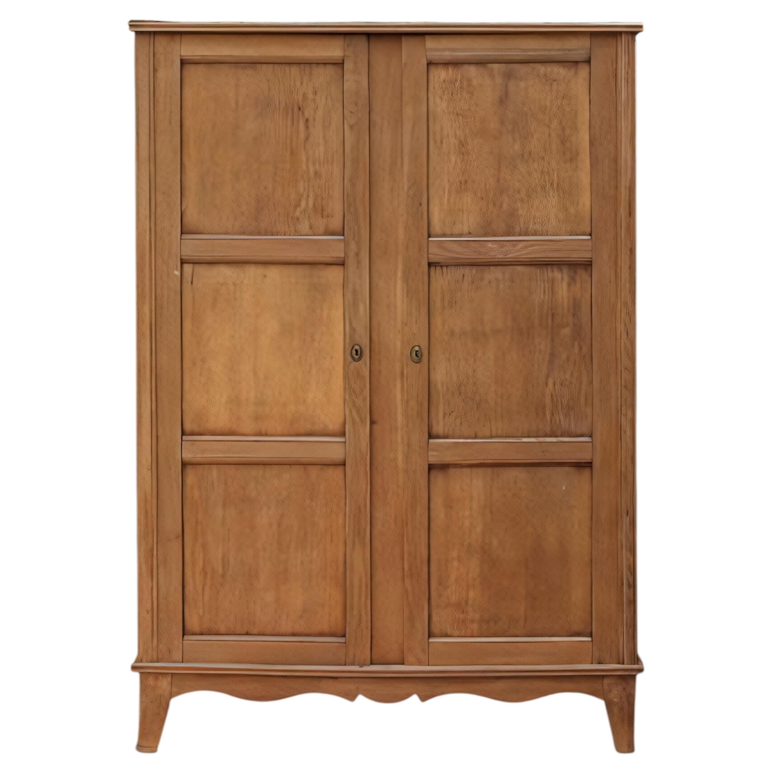 French Provincial Two-Door Armoire, Bleached Oak, Paneled Doors, 1940s