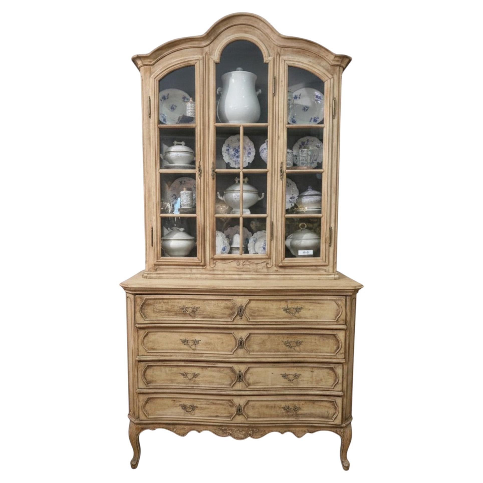 French Provincial Two-Piece Wood Hutch with Blue Interior and Original Glass For Sale