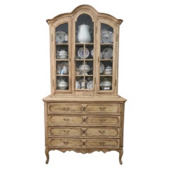 French Provincial Two-Piece Wood Hutch with Blue Interior and Original Glass