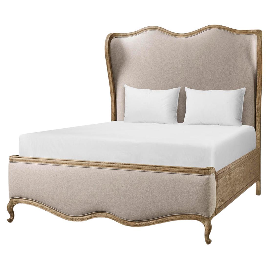French Provincial Upholstered Oak Bed - Queen For Sale