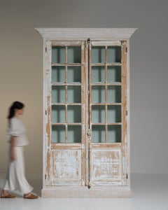 French Provincial Vitrine Cabinet, Distressed Cream Wood, 20th Century