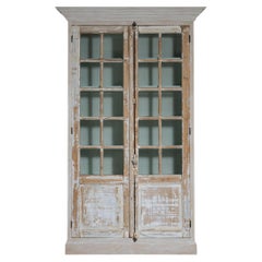 French Provincial Vitrine Cabinet, Distressed Cream Wood, 20th Century