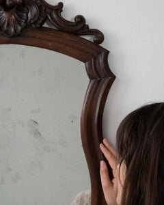 French Provincial Wall Mirror, Dark Carved Wood Frame, Antique, 1900s