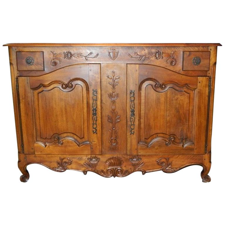 French Provincial Walnut Buffet with Drawers and Storage, 19th Century