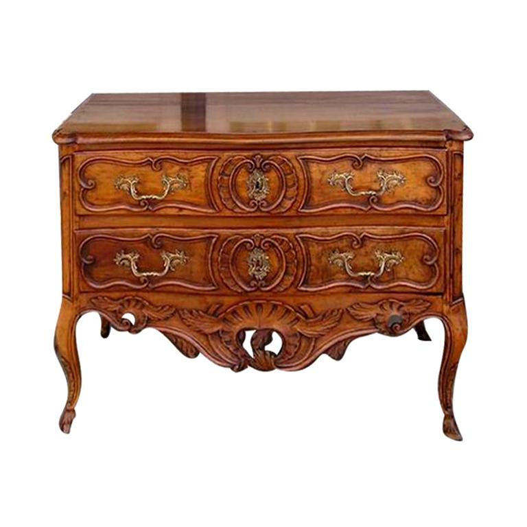 French Provincial Walnut Decorative Floral & Shell Carved Chest. Circa 1760