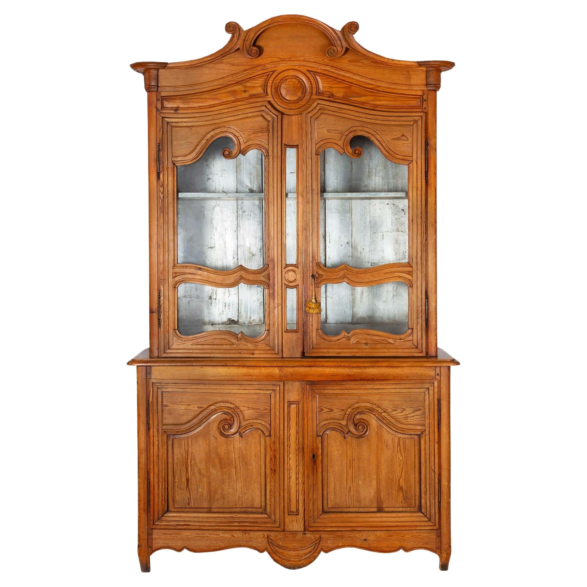 French Provincial Waxed Pine Bookcase Display Cabinet Cupboard For Sale