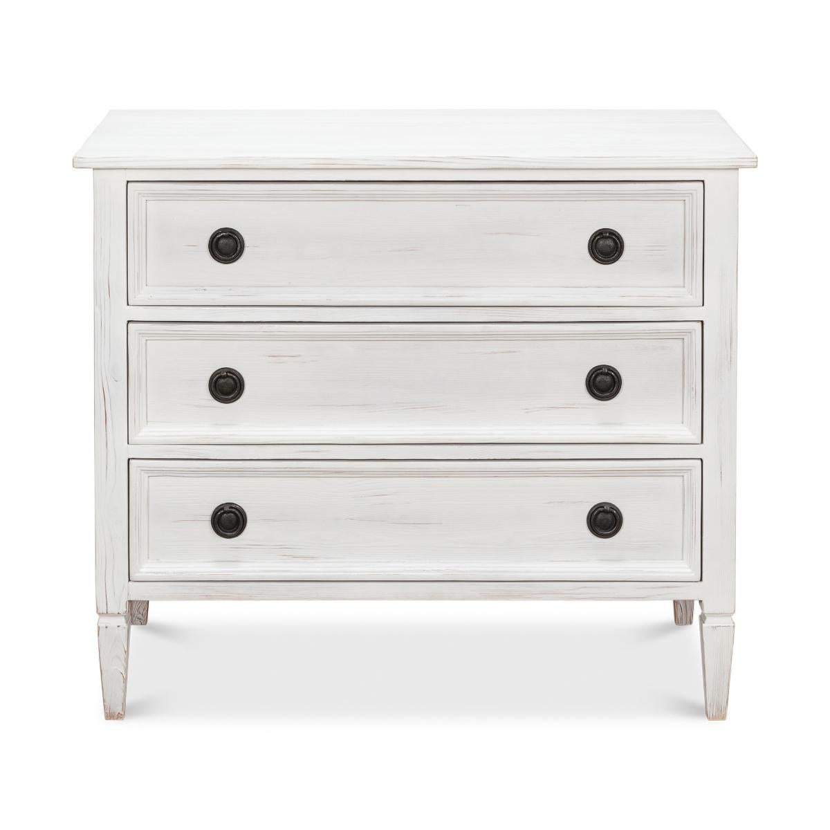 French Provincial White Painted Dresser with a distressed antique finish, with three long drawers and raised square tapered legs.

Dimensions: 38