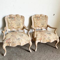 French Provincial White Washed Floral Print Lounge Chairs by Century Furniture
