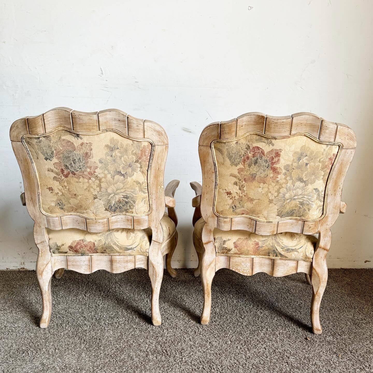American French Provincial White Washed Floral Print Lounge Chairs by Century Furniture For Sale