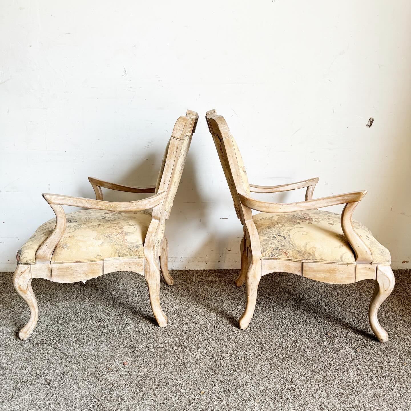 Late 20th Century French Provincial White Washed Floral Print Lounge Chairs by Century Furniture For Sale