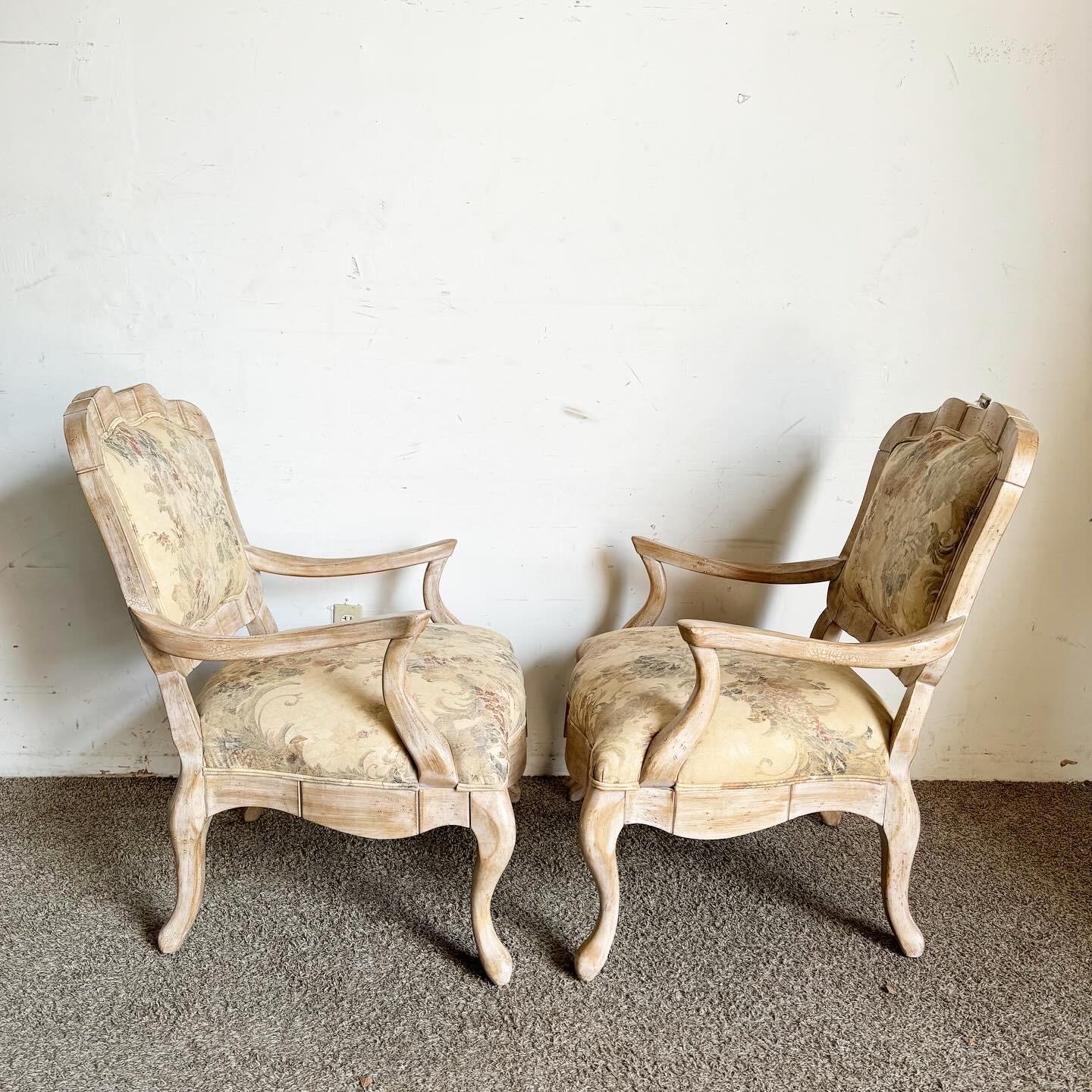 French Provincial White Washed Floral Print Lounge Chairs by Century Furniture For Sale 1