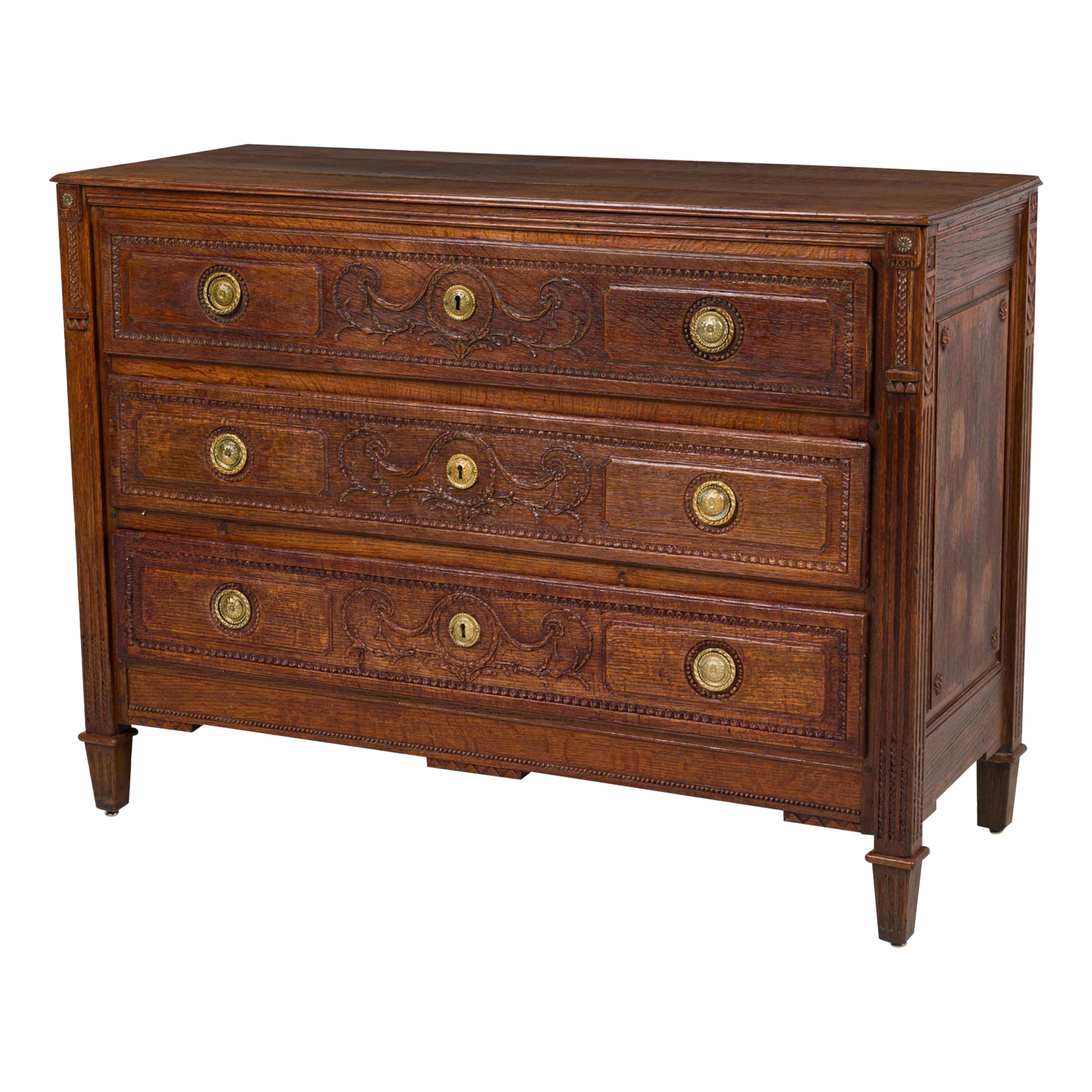 French Provincial Wood and Brass Carved 3-Drawer Chest