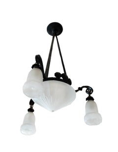 French Provincial Wrought Iron Ceiling Light with Frosted Glass, 1900s