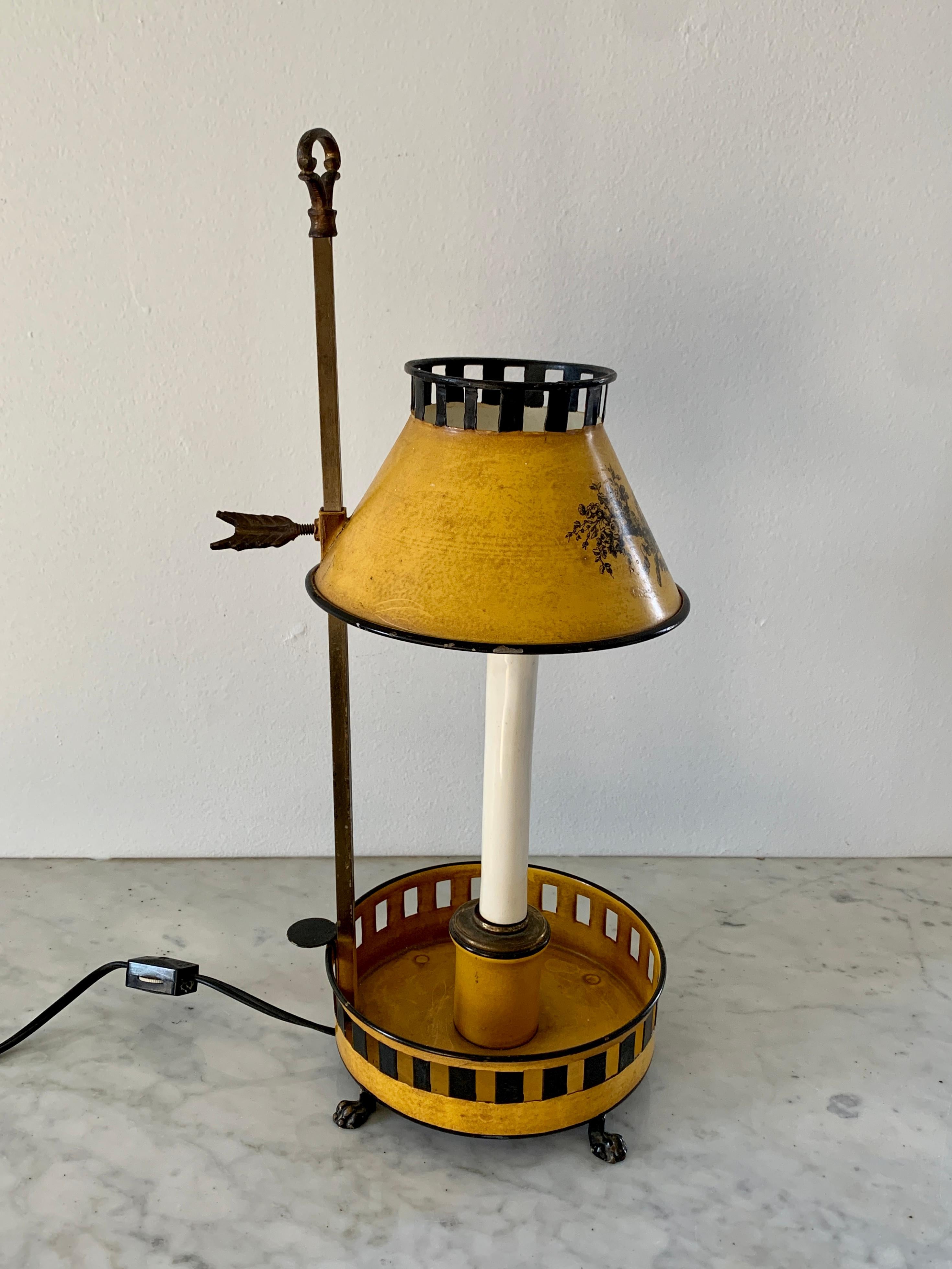 20th Century French Provincial Yellow and Black Tole Bouillotte Lamp