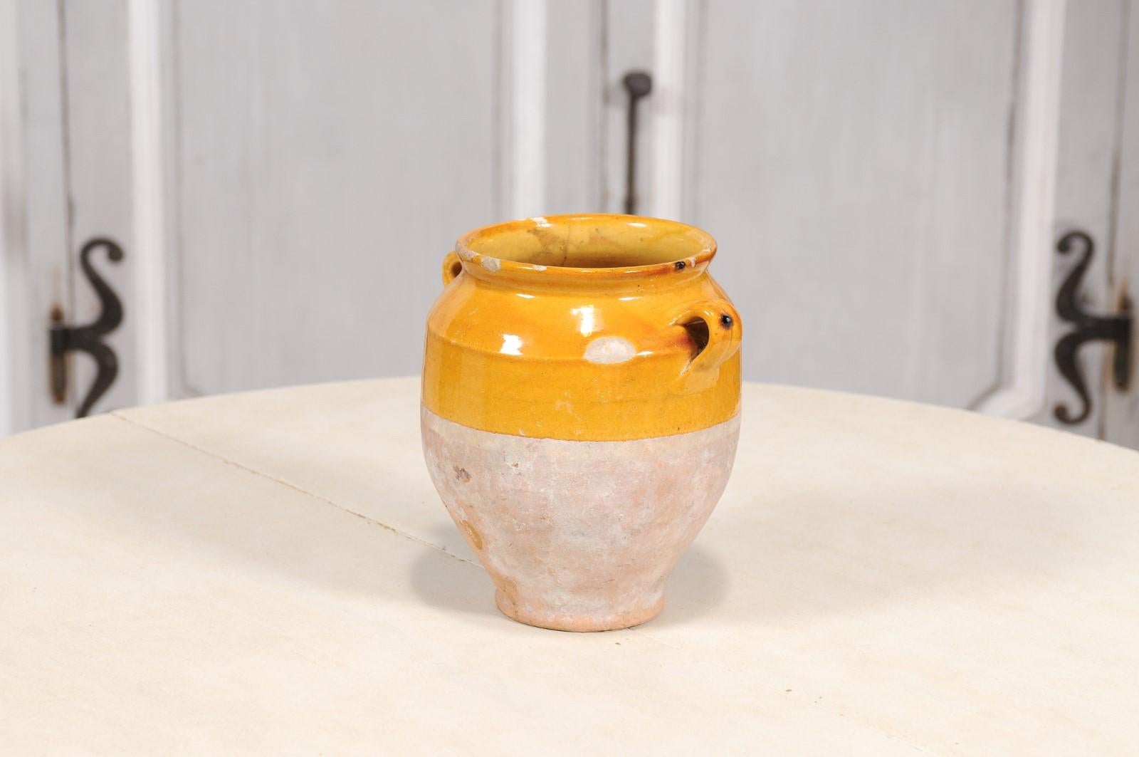 Pottery French Provincial Yellow Glaze Pot à Confit with Double Handles, 19th Century For Sale