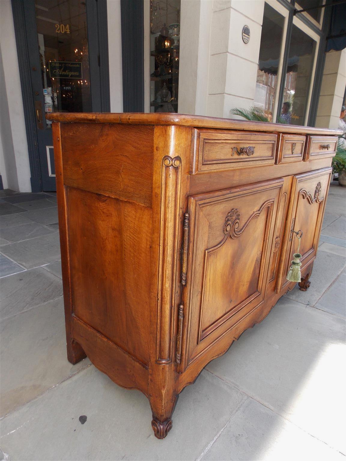 Hand-Carved French Provinicial Cherry Three-Drawer Server with Flanking Cabinet Doors, 1810 For Sale