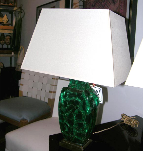 A pair of French emerald green colored crackled glass lamps, circa 1940.
European wiring, special price.