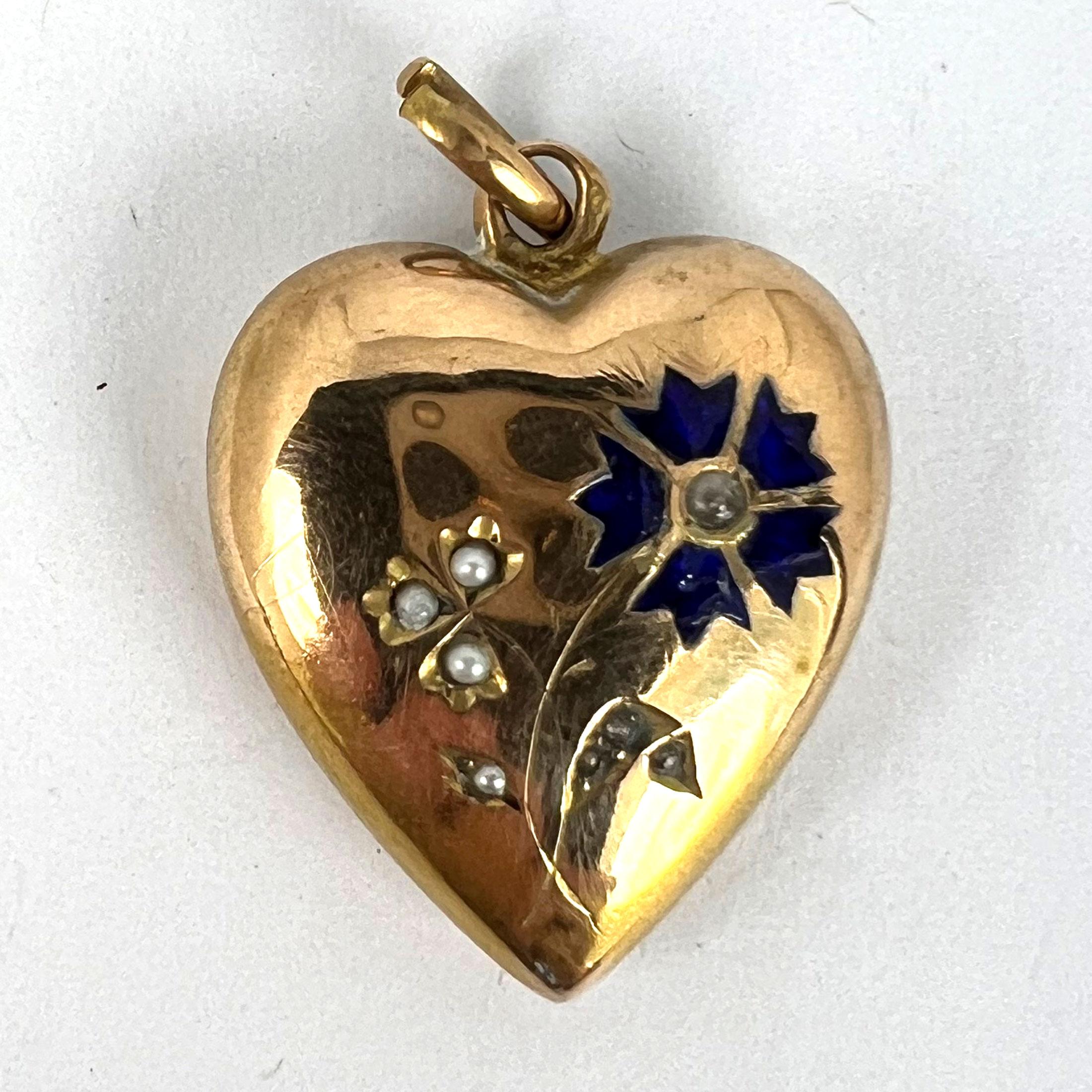 French Puffy Love Heart Flowers 18K Yellow Gold Enamel Pearl Pendant For Sale 5