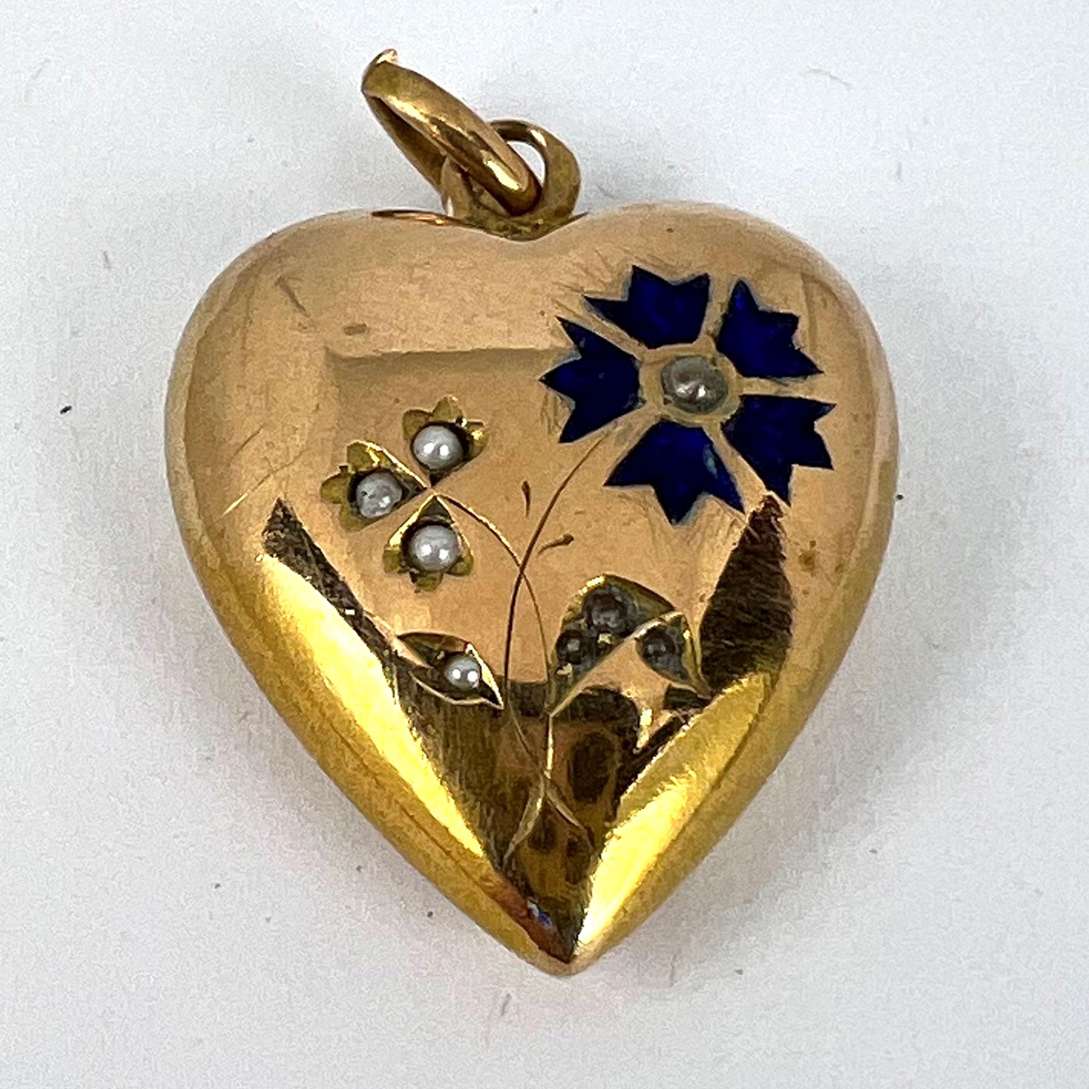 French Puffy Love Heart Flowers 18K Yellow Gold Enamel Pearl Pendant For Sale 6