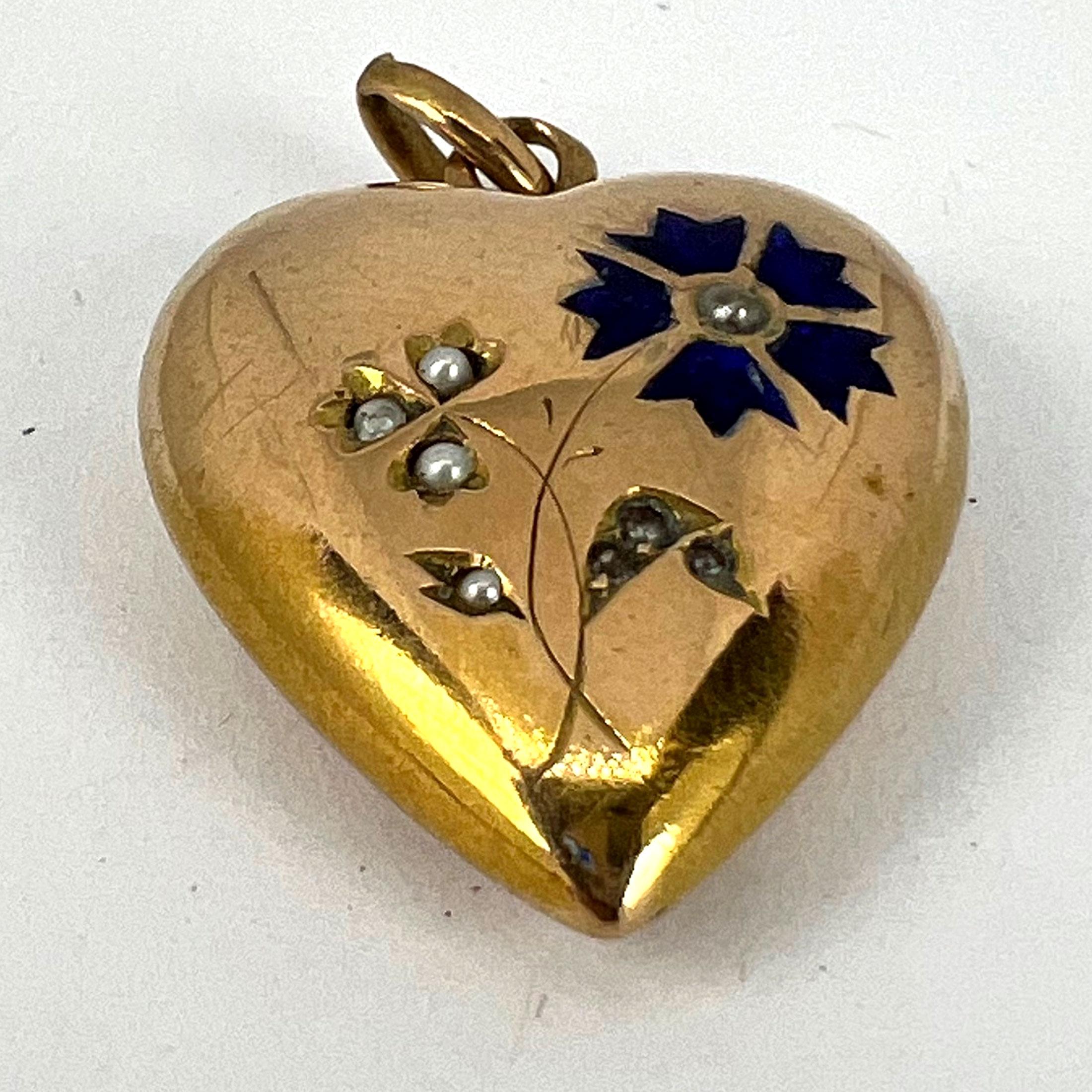 French Puffy Love Heart Flowers 18K Yellow Gold Enamel Pearl Pendant For Sale 7